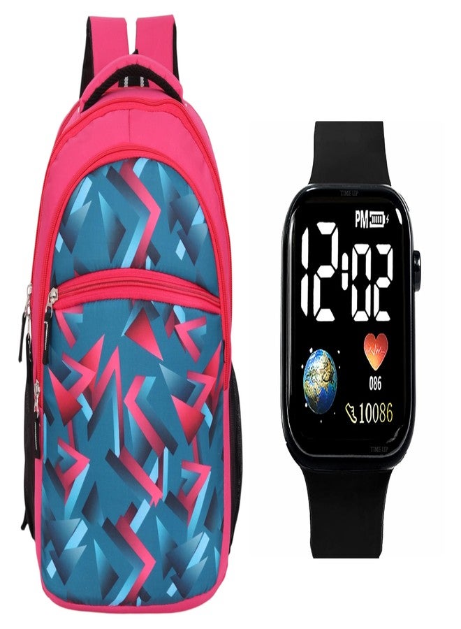 RBM New Combo Of Digital LED Watch And Trendy Colorful Pattern Printed Kids School Backpack Waterpoof Polyester Bag For Boys & Girls (NUR/LKG/UKG/1st/2nd Class)(RBMBAG06+WCH82BK) - Image 1